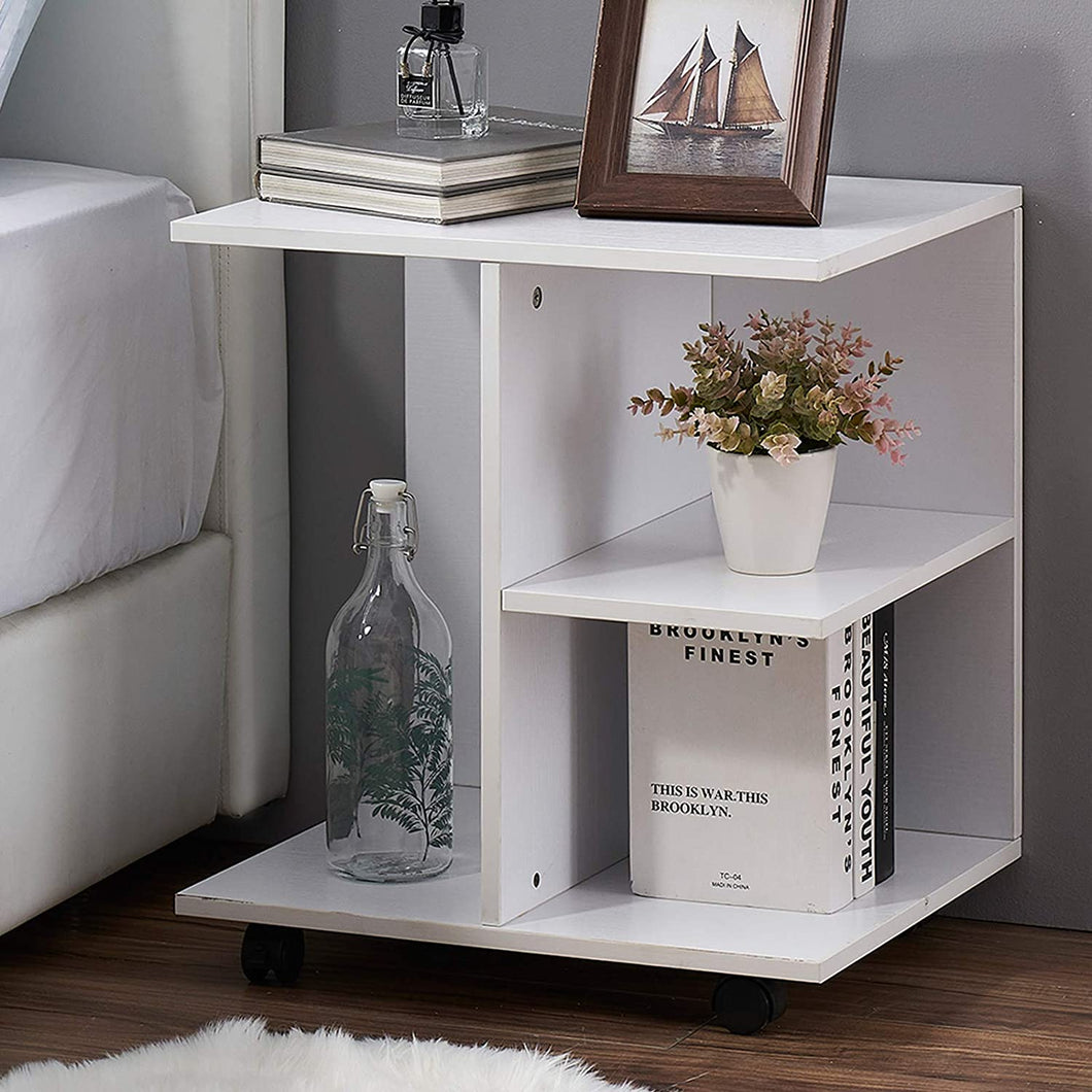 Modern End Side Table with Rolling Wheels, Bedside Table with Open Shelf, Night Printer Stand Storage Shelf, White